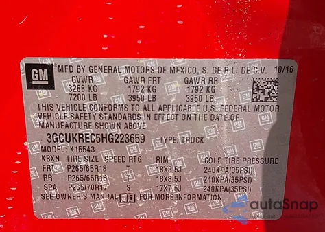 2017 Chevrolet Silverado 1500 2Lt z USA, uszkodzony, nr VIN 3GCUKREC5HG223659